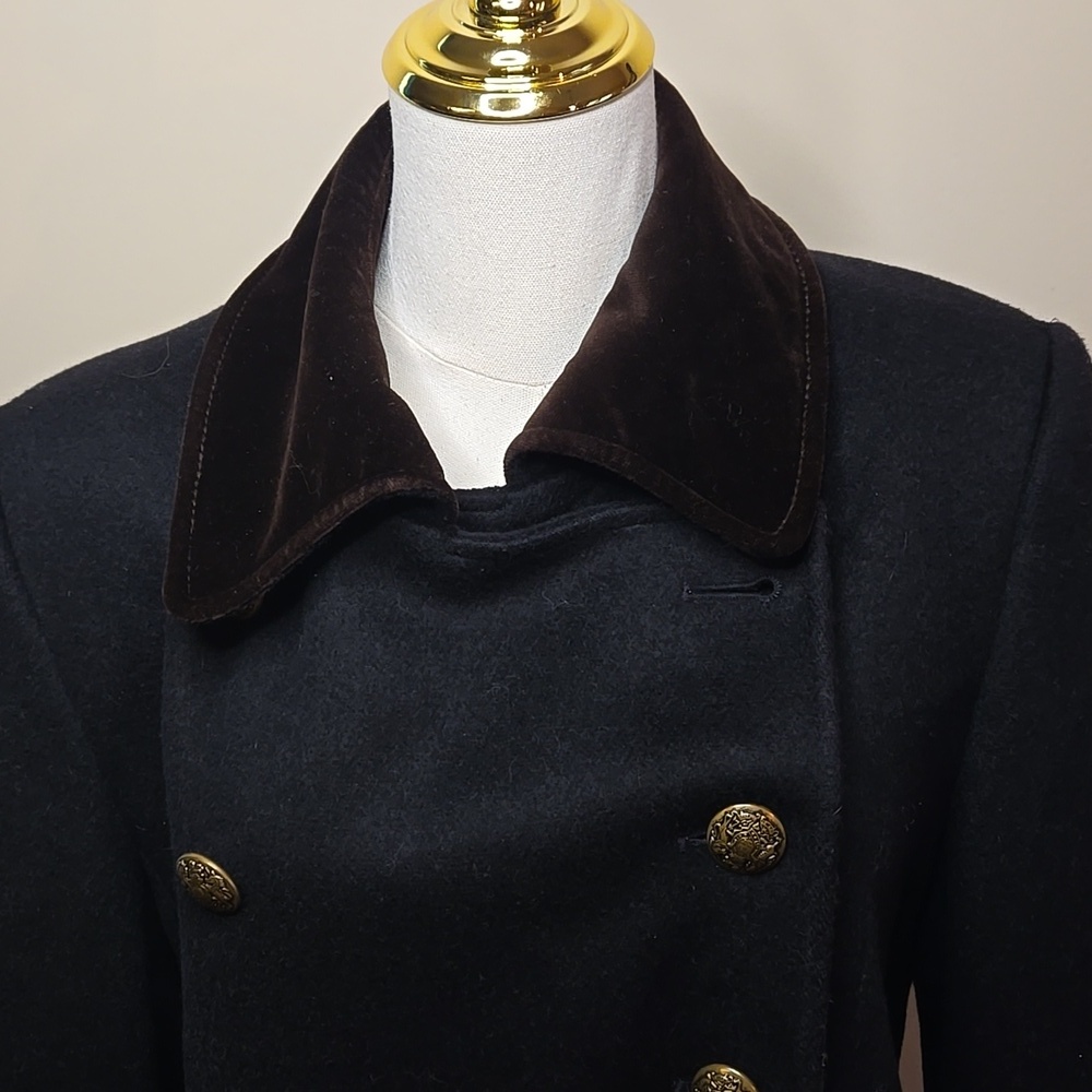 Vintage Black Wool Blend Double Breasted Jacket Gold Buttons Brown Velvet Trim M - Picture 3 of 10